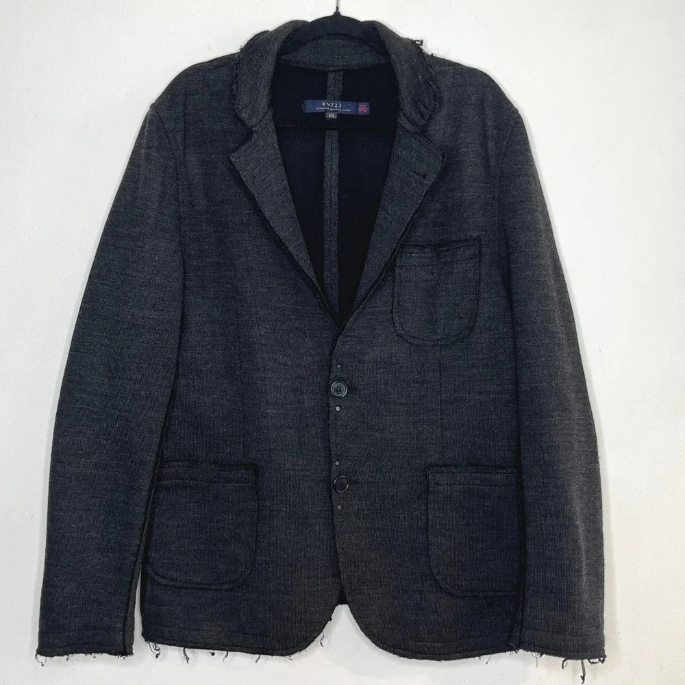RNT23 Mens XXL (44 US)Dark Gray Knit Blazer Jacket Raw Edge Elbow Patch Casual